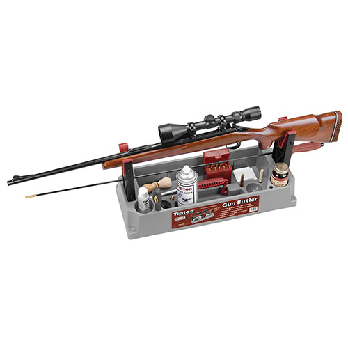 El Tipton Gun Butler™ es la solución todo en uno para limpiar, transportar y almacenar tu arma, con compartimentos para solventes, herramientas y un mango para fácil transporte.