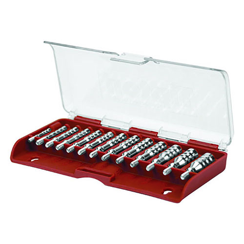 El Tipton Ultra Jag Set incluye cepillos para múltiples calibres, con un diseño rígido y resistente a solventes, todo en una caja de almacenamiento práctica.