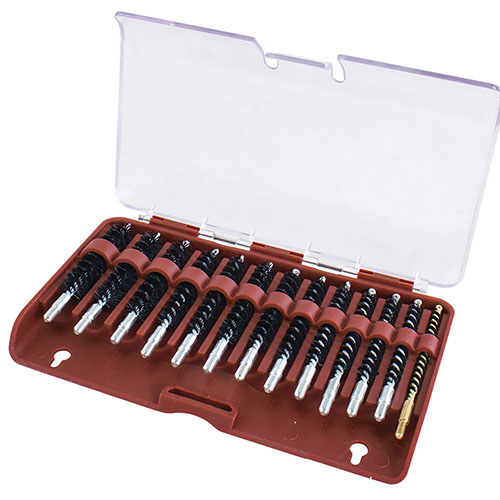 El set de cepillos de nylon Tipton incluye 13 calibres, es resistente a solventes modernos y viene en una caja de almacenamiento para mayor comodidad.