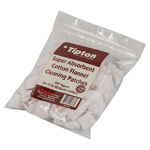 Las parches Tipton de 17-22 Cal son de algodón 100% y tienen un tamaño de .75" cuadrados, perfectos para usar con jags Tipton y mejorar tu rendimiento.