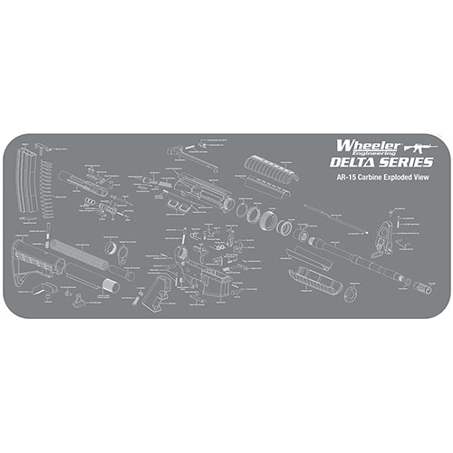 La alfombrilla de mantenimiento Wheeler Delta Series AR-15 tiene un diseño impreso, superficie de neopreno acolchado y absorbe aceites, ¡ideal para proteger y organizar tus piezas!