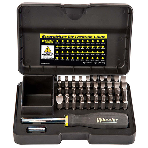 El juego de destornilladores Wheeler de 43 piezas es ideal para cualquier armero, con bits para cada tornillo, evitando daños y facilitando el trabajo en tus armas.
