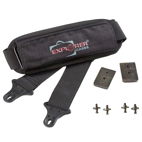 El kit Adjustable Shoulder de EXPLORER CASES incluye una correa ajustable (106-201 cm), 4 nudos roscados y 2 placas metálicas, ideal para varios modelos.