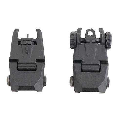 El set de miras Scout AR-15 es ligero, duradero y se pliega, con sistema de miras secundarias, compatible con rieles Picatinny para una instalación fácil.