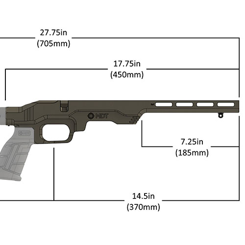 El sistema de chasis LSS-RF Gen 2 es ligero y compacto, compatible con rifles 22LR/17 HMR, acepta cargadores de fábrica y forend M-Lok para mayor versatilidad.