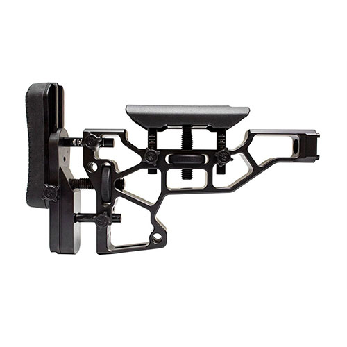 El MDT Elite Fixed Rifle Stock ofrece ajustes sin herramientas para mayor comodidad y rendimiento, con soporte de acero y guías grabadas, compatible con chasis ACC y ESS.