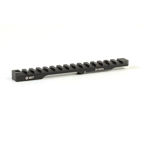 Las bases Picatinny MDT son de aluminio 6061-T6, anodizadas en negro, con un diseño de 20 MOA que facilita el ajuste de elevación y se adaptan a acciones zurdas.