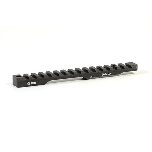 Las bases Picatinny MDT son de aluminio 6061-T6, con acabado anodizado negro, inclinación de 20 MOA y diseño para montaje flush, ideal para tus ópticas.