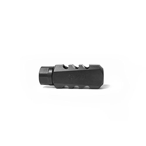 El MDT Elite Muzzle Brake reduce el retroceso hasta un 66%, mejora la velocidad y precisión de disparo, y su diseño aerodinámico minimiza fuerzas concusivas.