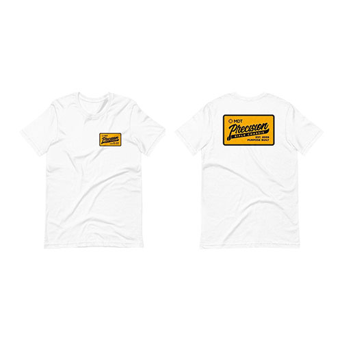 La camiseta MDT Precision en color blanco es cómoda y duradera, hecha de 60/40 cotton/polyester, ideal para tus actividades de tiro y aventuras al aire libre.