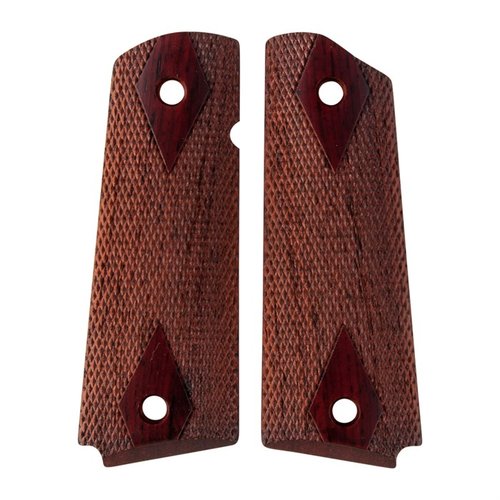 Las empuñaduras de Cocobolo son densas, fuertes y hermosas, perfectas para tu 1911. Su diseño de doble diamante ofrece un agarre superior y estilo.