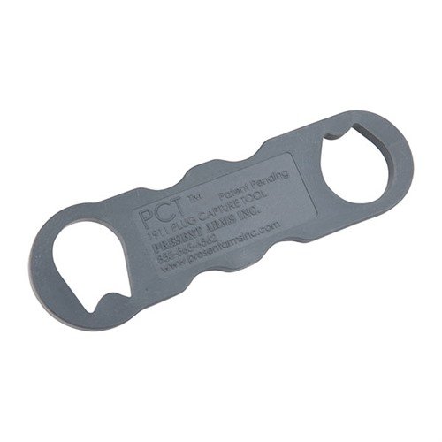 La herramienta PCT-1911 captura automáticamente el recoil plug, es ligera, ergonómica y aprobada por armeros, perfecta para desbloquear el bushing del 1911.