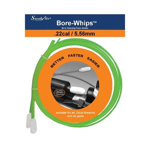 .22 cal Bore-whips™ son reutilizables, lavables y sin pelusa, ideales para una limpieza precisa; su diseño pull-thru es resistente y económico.