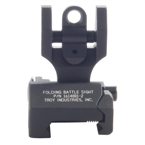 Las miras traseras AR-15 de TROY INDUSTRIES son resistentes, se pliegan fácilmente y se ajustan a la altura de las miras de fábrica, ofreciendo respaldo seguro.