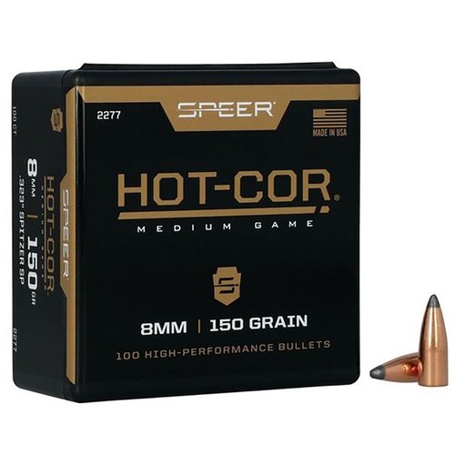 Las balas Hot-Cor 8MM de Speer ofrecen un rendimiento consistente y una precisión excepcional, gracias a su núcleo de plomo fundido sin vacíos dañinos.