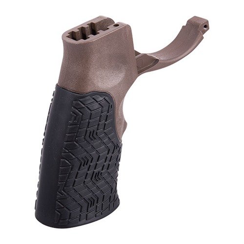 El agarre Daniel Defense ofrece comodidad y retención mejoradas con su diseño ergonómico, guardamonte integrado y disponible en negro o marrón Milspec+.