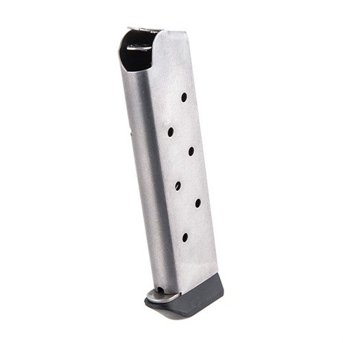 Los cargadores Chip McCormick de acero inoxidable para 1911 .45 ofrecen 8 rondas, capacidad mejorada, base fija y resortes Wolff para un rendimiento superior.