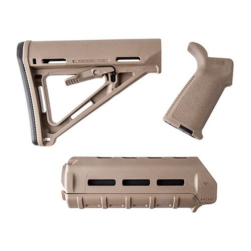 Actualiza tu rifle fácilmente con el set de muebles Magpul MOE, que incluye stock Mil-Spec, forend carabina y empuñadura, disponibles en varios colores.