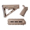Actualiza tu rifle fácilmente con el set de muebles Magpul MOE, que incluye stock Mil-Spec, forend carabina y empuñadura, disponibles en varios colores.