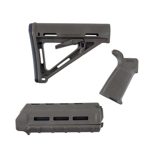 Mejora tu rifle fácilmente con el set de muebles Magpul MOE, que incluye stock MOE Mil-Spec, forend MOE carbine y empuñadura MOE en verde olivo.
