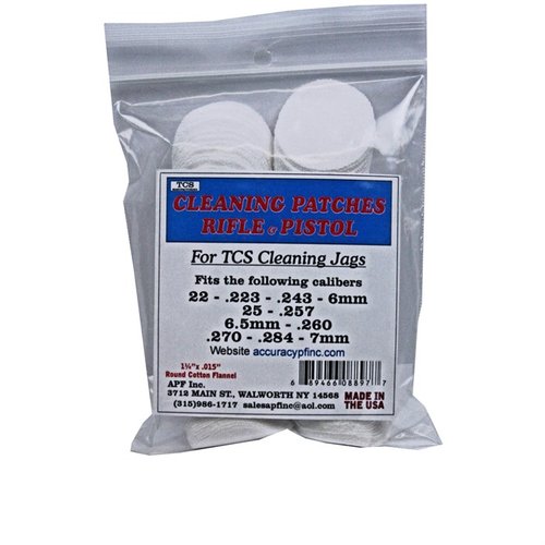 Las parches TCS de 100% algodón flannel son ideales para calibres 22 a 7mm, garantizando un ajuste perfecto y rendimiento óptimo en tus armas.