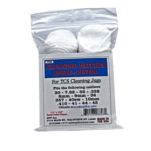 Las parches TCS de 100% algodón flannel son ideales para calibres 22 a 45, ofreciendo un ajuste perfecto y un rendimiento óptimo en tus armas.