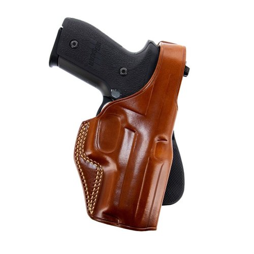 La funda PLE Paddle de Galco, hecha de cuero premium, ofrece seguridad con su correa de retención y es fácil de poner y quitar sin quitarte el cinturón.