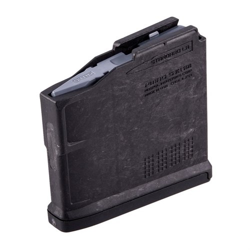 El PMAG 5 AC L es un cargador de polímero duradero y ligero, compatible con AICS, con capacidad de 5 disparos y opción de aumentar a 6. ¡Ideal para caza!