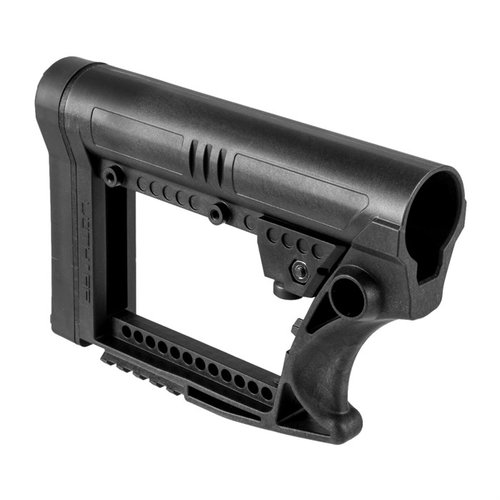 El stock Luth-AR "Skullaton" es ligero, cómodo y estéticamente atractivo, compatible con tubos comerciales y mil-tech, ideal para rifles .223 y .308.