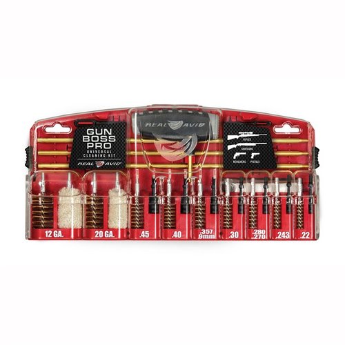 El Kit de Limpieza Universal Gun Boss Pro de Real Avid incluye todo lo necesario para limpiar armas de diferentes calibres, con varilla de 32" y 50 parches.