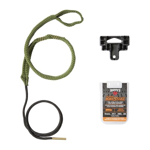 El Pistol Bore Snake de HOPPES limpia y lubrica el cañón de tu pistola en un solo paso, es reutilizable y se guarda fácilmente en su estuche 'den'.