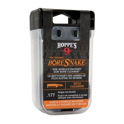 El Airgun Bore Snake .177 limpia y lubrica en un solo paso, es reutilizable y viene en un práctico estuche 'den' para fácil almacenamiento.