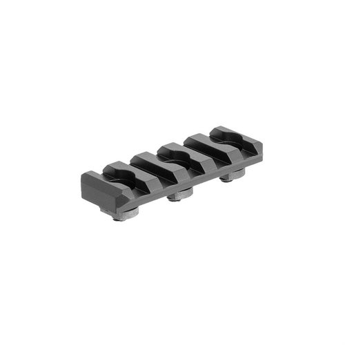 La riel Picatinny de bajo perfil Arisaka reduce la altura de los adaptadores KeyMod, manteniendo accesorios cerca del guardamanos y ofreciendo 5 ranuras.