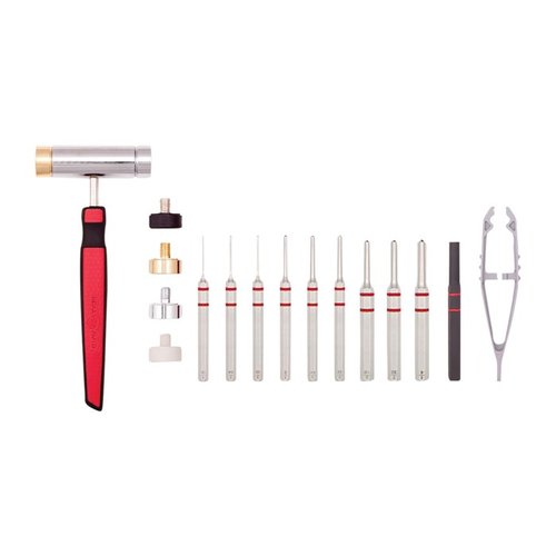 El set ACCU-PUNCH® incluye un martillo ergonómico con cabezales intercambiables y punzones de varios tamaños, ideal para instalar pines en tus armas.