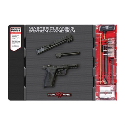 Mejora tu limpieza con la primera estación de limpieza para pistolas de Real Avid, que incluye una alfombrilla y un kit de herramientas específicas para pistolas.