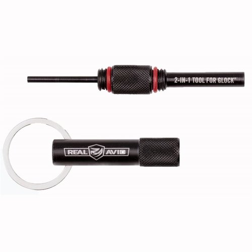 La herramienta 2-en-1 para Glock® de REAL AVID permite desarmar tu arma para limpieza y cambiar miras, además de ser un llavero práctico que puedes llevar a todas partes.