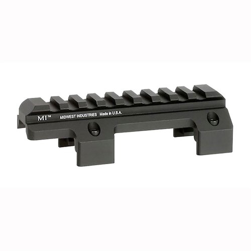 El montante Picatinny de Midwest Industries para MP5 permite instalar ópticas y accesorios sin quitar el guardamanos, hecho de aluminio 6061 y con garantía de por vida.