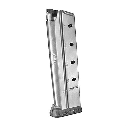 El cargador 9R-10mm-RG de TRIPP RESEARCH es de acero inoxidable, tiene capacidad para 9 balas y un seguidor híbrido para un rendimiento óptimo en pistolas de tamaño completo.