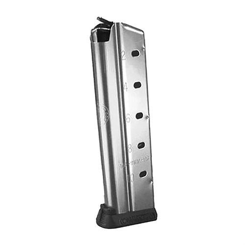 La 1911 GOVERNMENT FULL SIZE MAGAZINE 9MM de TRIPP RESEARCH tiene capacidad para 10 balas, diseño optimizado para alimentación y construcción en acero inoxidable.