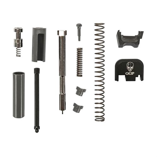 Completa tu slide con el GGP Slide Completion Kit, que incluye piezas de acero inoxidable 17-4 PH para una fiabilidad inigualable en tus Glock 17/19.