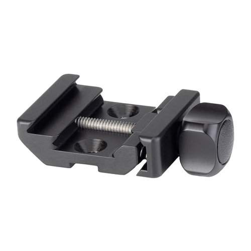 El clamp BTC-PRO 17-S de Really Right Stuff permite montar bipodes compatibles en cualquier riel Picatinny, ofreciendo versatilidad y fácil ajuste con su perilla de rosca.