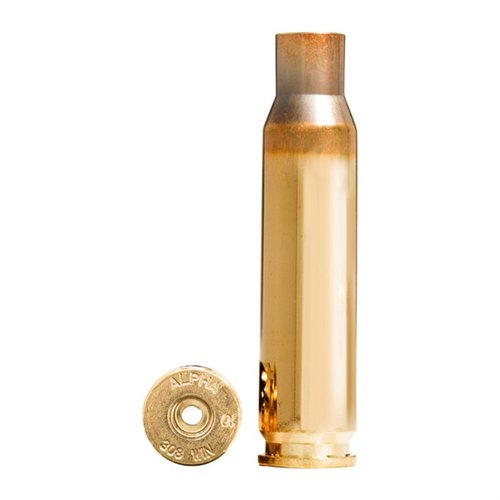 La munición Alpha 308 Winchester ofrece duración superior con tecnología OCD, disponible en 100 unidades, y con opciones de Large o Small Rifle primer pockets.