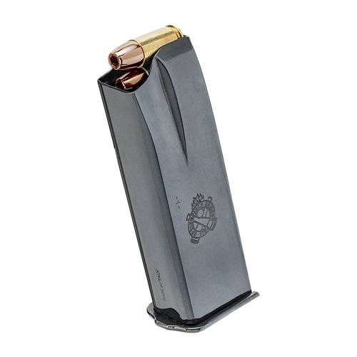 El cargador SA-35 de 15 rondas mejora la capacidad original con su diseño de doble columna y acero azulado, ideal para tus necesidades de tiro.