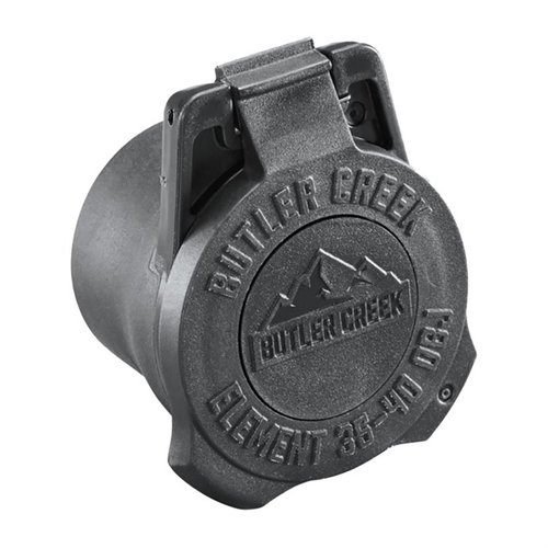 Las tapas de objetivo Butler Creek Element son resistentes, cuentan con una funda multi-flex y un disco de dope imprimible para información de viento y elevación.