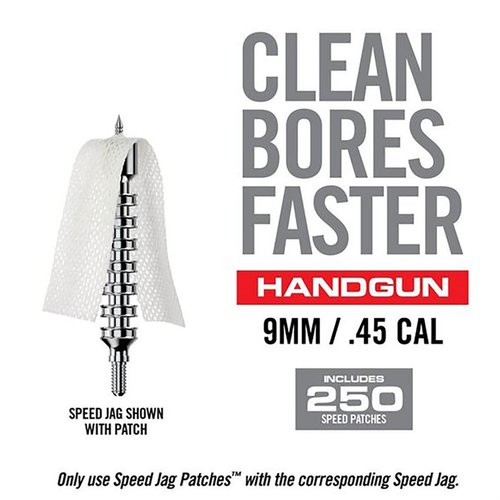 Los parches Bore-Max Speed Jag ofrecen limpieza rápida y eficaz del cañón, con mejor absorbencia y textura que atrapa la suciedad sin deshilacharse.