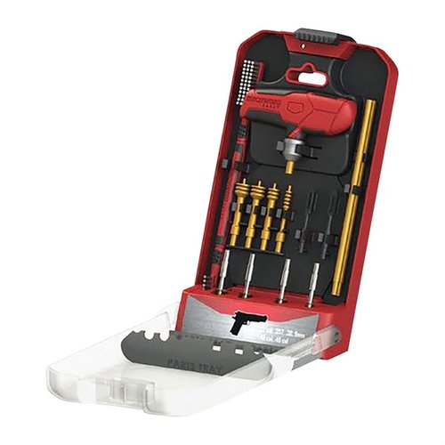 Descubre el kit de limpieza de pistolas de 16 piezas, con un mango personalizado y un diseño innovador que protege y exhibe tus herramientas mientras limpias.