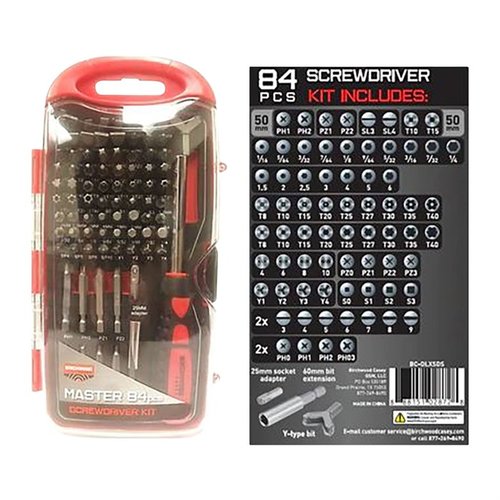 El set de destornilladores MASTER de 84 piezas incluye una amplia variedad de puntas como Torx, Philips y Hex, ideal para cualquier trabajo de armero.