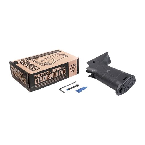 El grip Strike Industries para CZ Scorpion EVO mejora la ergonomía con un ángulo vertical de 15 grados, textura antideslizante y almacenamiento seguro.