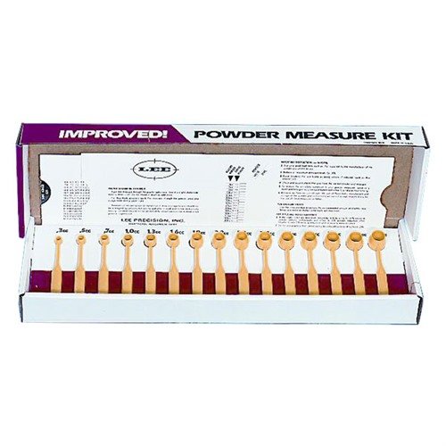 El Kit de Medición de Polvo Lee incluye 15 dippers graduados de .3cc a 4.3cc y una tarjeta deslizante con una tabla de dispensación de polvo. ¡Perfecto para tus recargas!