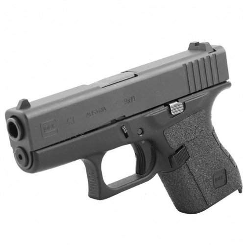 Mejora tu agarre en la Glock G43 con la cinta Talon, que ofrece textura, adhesión sólida y cobertura completa en áreas clave, todo en color negro.
